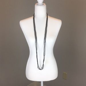 Long Black Beaded Three Strand Necklace